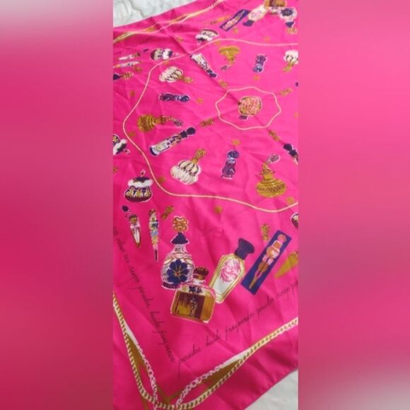 Vibrant Hot Pink Scarf with Vintage Perfume Bottles Large - Picture 11 of 13